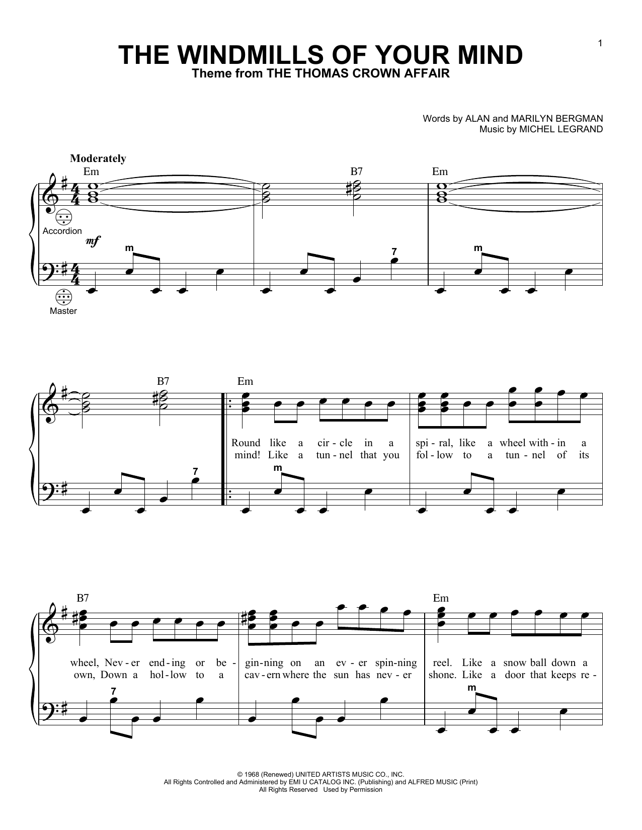 Various The Windmills Of Your Mind sheet music notes and chords arranged for Accordion
