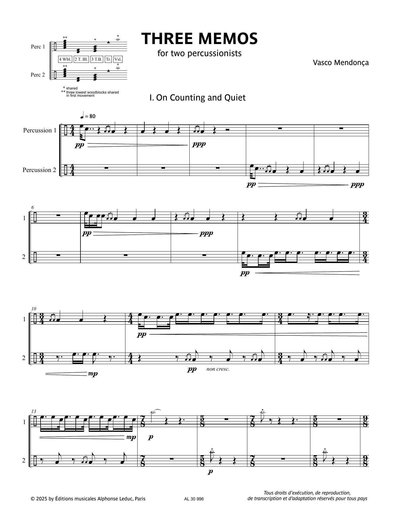 Vasco Mendonça Three Memos sheet music notes and chords arranged for Percussion Duet