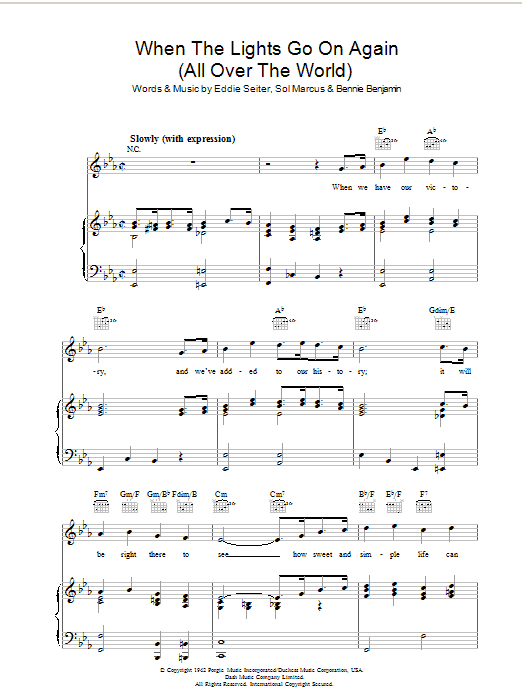 Vaughn Monroe When The Lights Go On Again (All Over The World) sheet music notes and chords arranged for Piano, Vocal & Guitar Chords