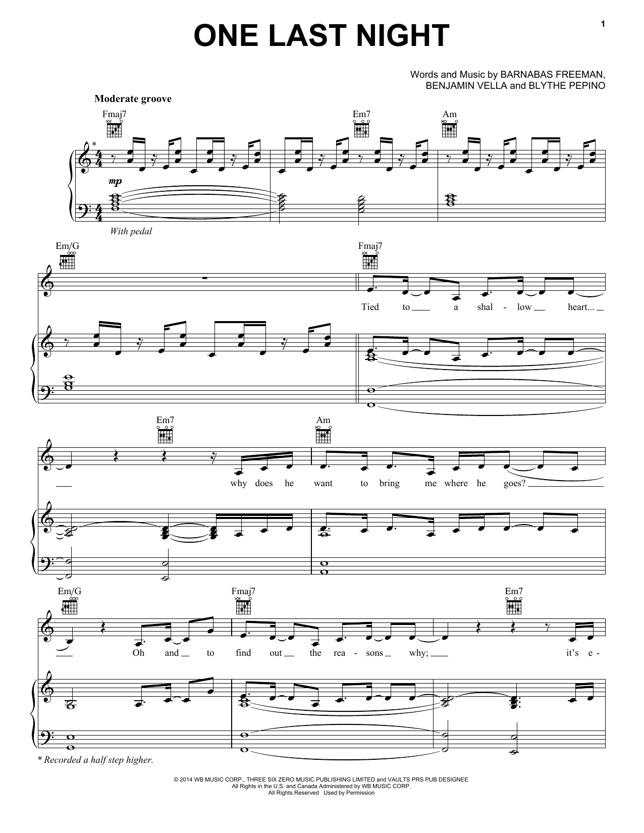 Vaults One Last Night sheet music notes and chords arranged for Piano, Vocal & Guitar Chords (Right-Hand Melody)