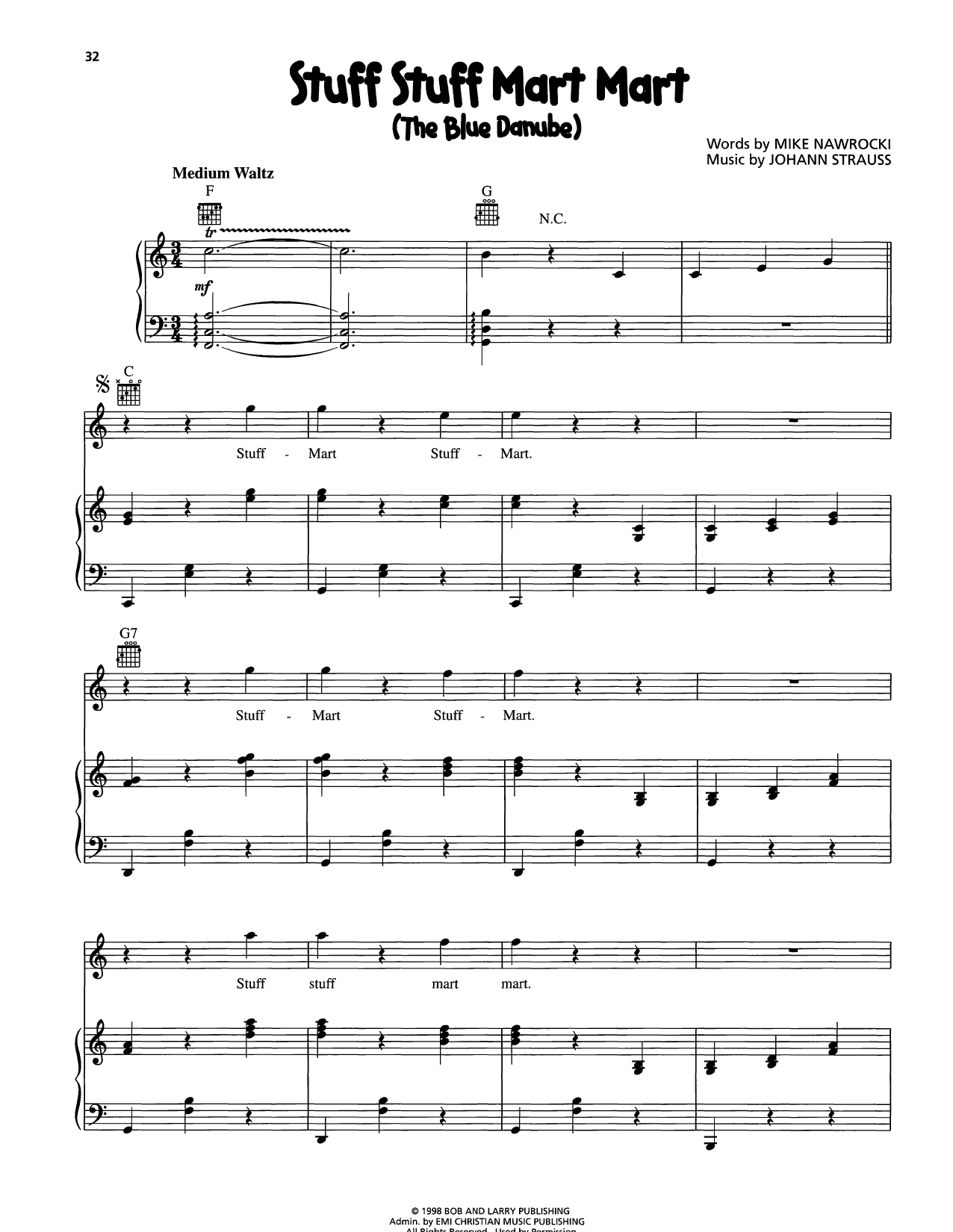 VeggieTales Stuff Stuff Mart Mart (The Blue Danube) sheet music notes and chords arranged for Piano, Vocal & Guitar Chords (Right-Hand Melody)