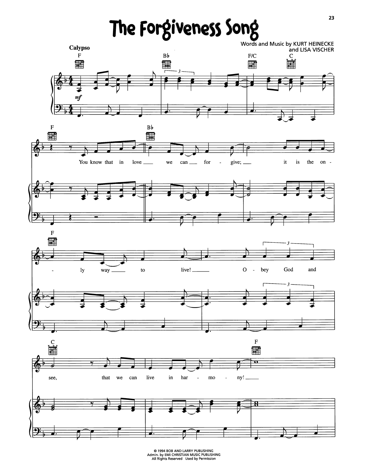 VeggieTales The Forgiveness Song sheet music notes and chords arranged for Piano, Vocal & Guitar Chords (Right-Hand Melody)