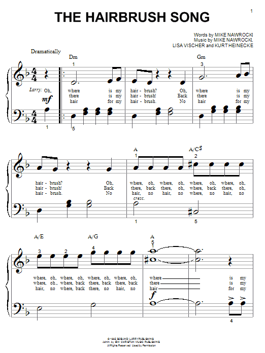 VeggieTales The Hairbrush Song sheet music notes and chords arranged for Big Note Piano