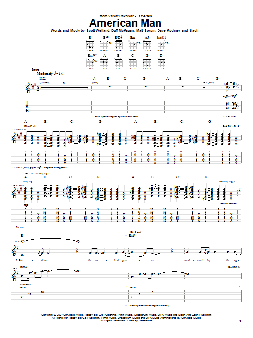 Velvet Revolver American Man sheet music notes and chords arranged for Guitar Tab