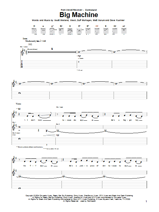 Velvet Revolver Big Machine sheet music notes and chords arranged for Guitar Tab