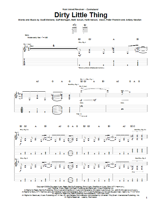 Velvet Revolver Dirty Little Thing sheet music notes and chords arranged for Guitar Tab