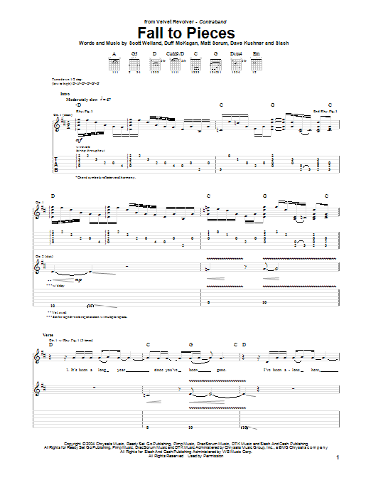 Velvet Revolver Fall To Pieces sheet music notes and chords arranged for Easy Guitar Tab