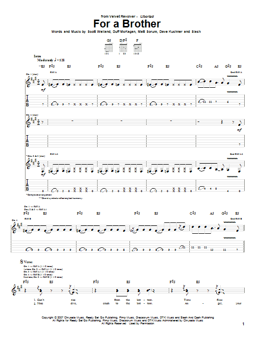 Velvet Revolver For A Brother sheet music notes and chords arranged for Guitar Tab