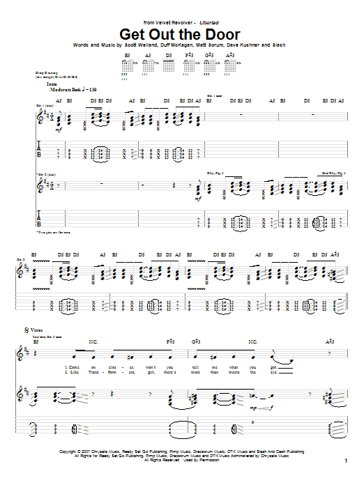 Velvet Revolver Get Out The Door sheet music notes and chords arranged for Guitar Tab