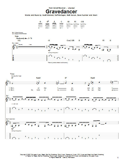 Velvet Revolver Gravedancer sheet music notes and chords arranged for Guitar Tab