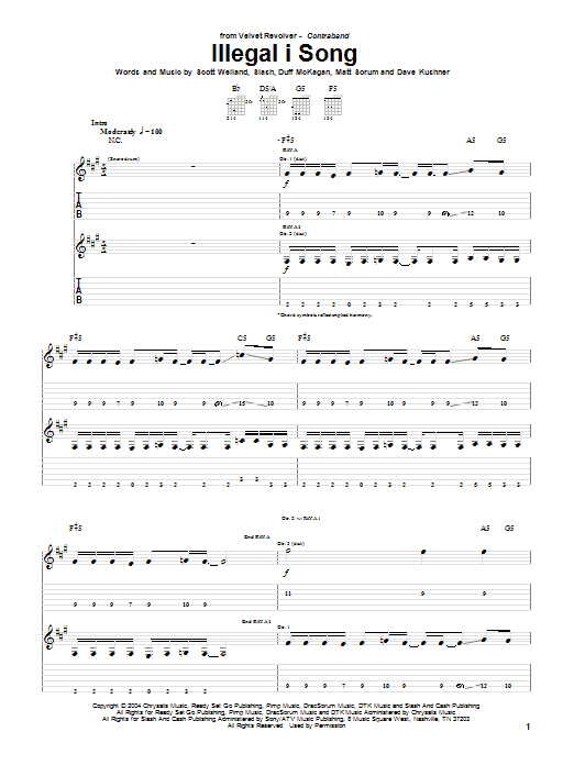 Velvet Revolver Illegal I Song sheet music notes and chords arranged for Guitar Tab