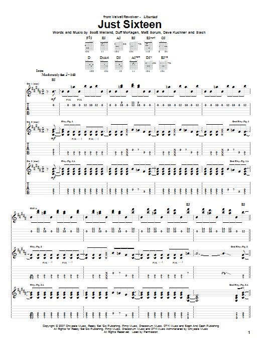 Velvet Revolver Just Sixteen sheet music notes and chords arranged for Guitar Tab