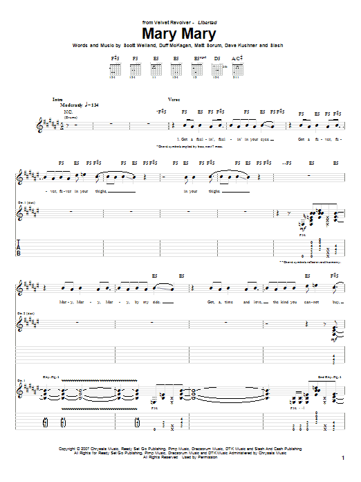 Velvet Revolver Mary Mary sheet music notes and chords arranged for Guitar Tab