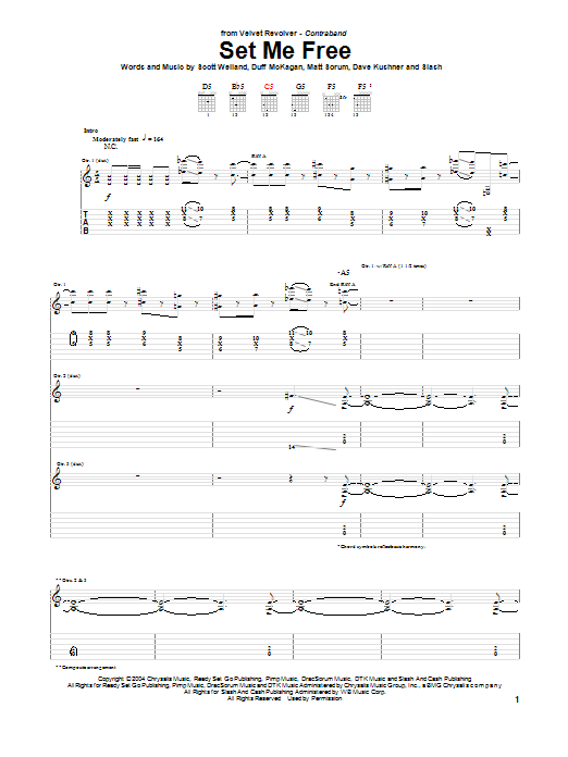 Velvet Revolver Set Me Free sheet music notes and chords arranged for Guitar Tab