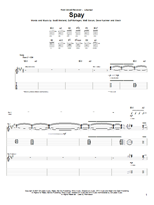 Velvet Revolver Spay sheet music notes and chords arranged for Guitar Tab