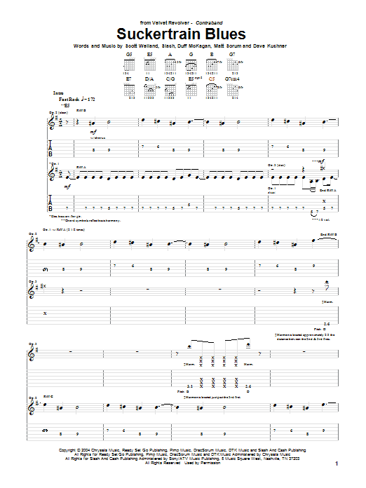 Velvet Revolver Suckertrain Blues sheet music notes and chords arranged for Guitar Tab