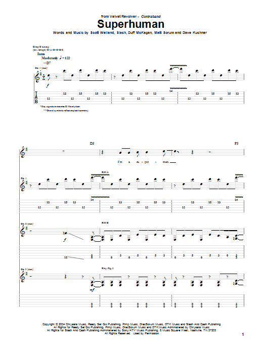 Velvet Revolver Superhuman sheet music notes and chords arranged for Guitar Tab