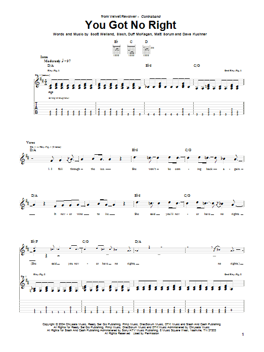 Velvet Revolver You Got No Right sheet music notes and chords arranged for Guitar Tab