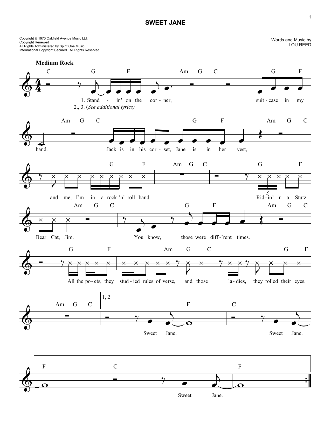 The Velvet Underground Sweet Jane sheet music notes and chords arranged for Lead Sheet / Fake Book