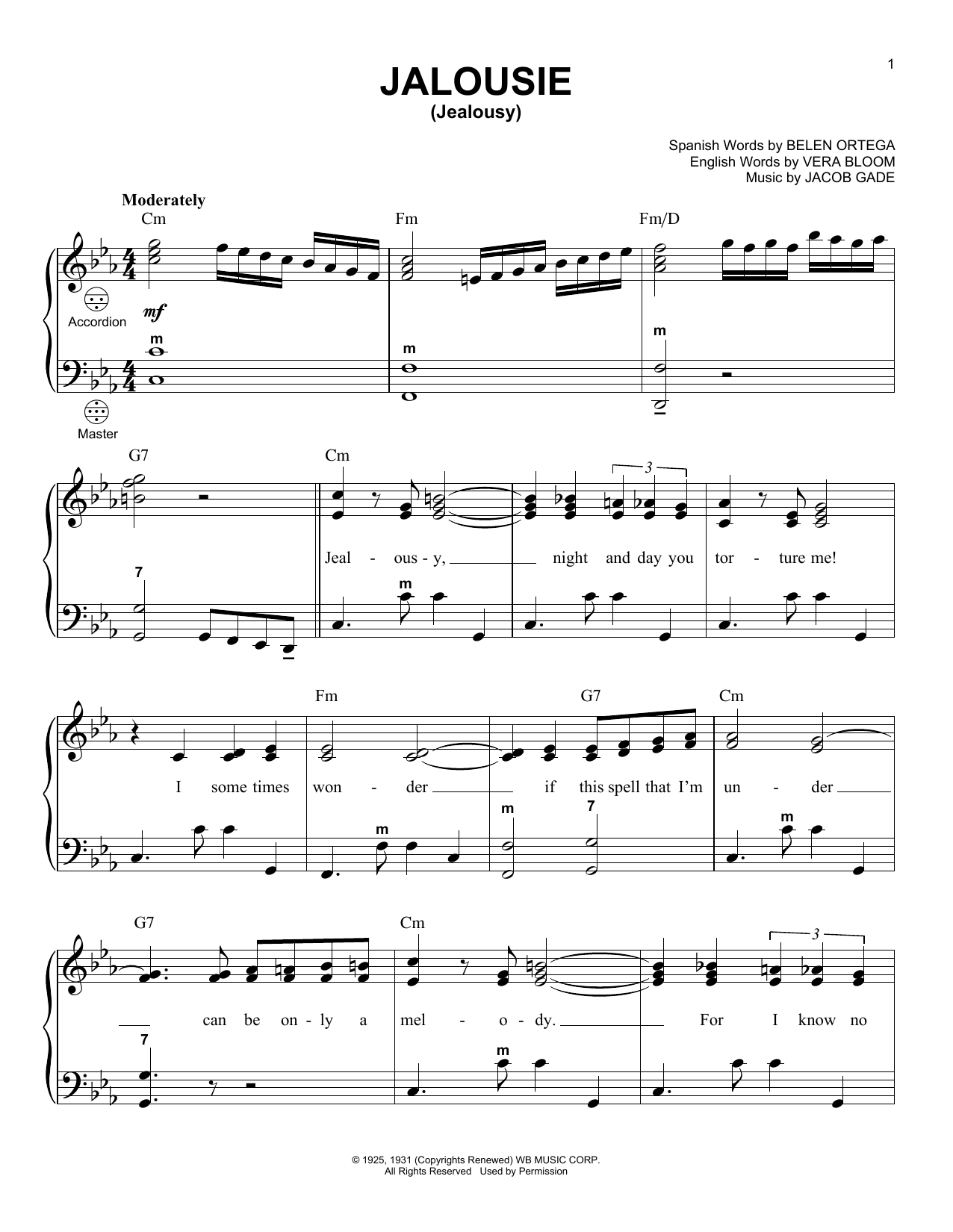 Vera Bloom Jalousie (Jealousy) (arr. Gary Meisner) sheet music notes and chords arranged for Accordion
