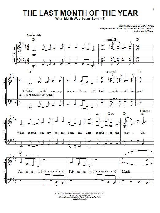 Vera Hall The Last Month Of The Year (What Month Was Jesus Born In?) sheet music notes and chords arranged for Piano, Vocal & Guitar Chords (Right-Hand Melody)