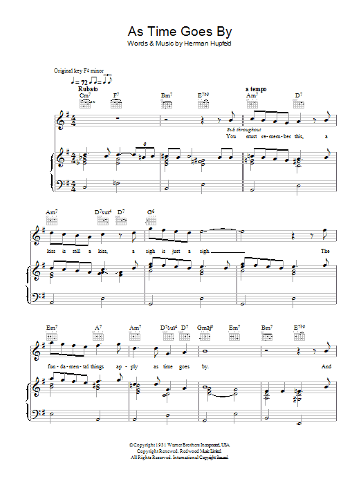 Vera Lynn As Time Goes By sheet music notes and chords arranged for Piano, Vocal & Guitar Chords (Right-Hand Melody)
