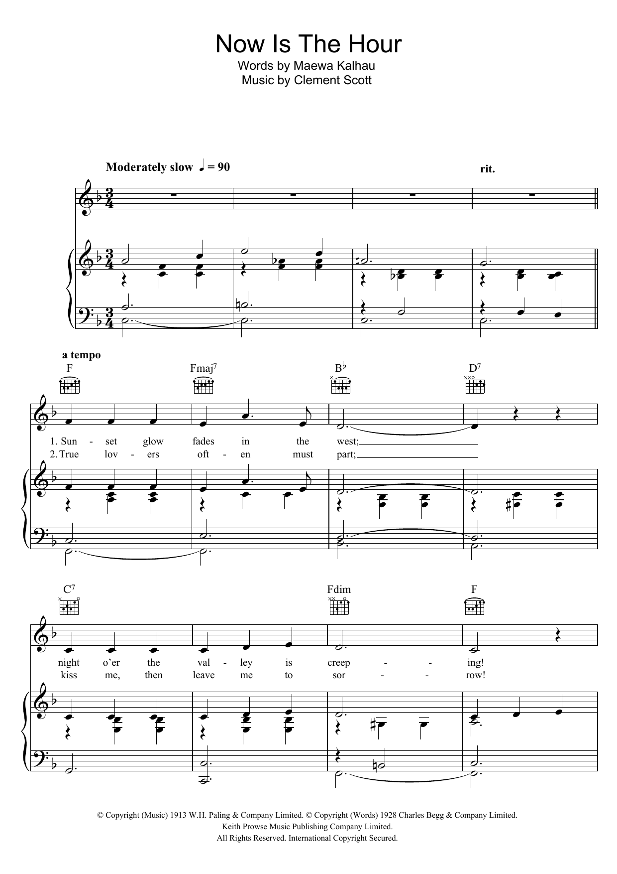 Vera Lynn Now Is The Hour sheet music notes and chords arranged for Piano, Vocal & Guitar Chords