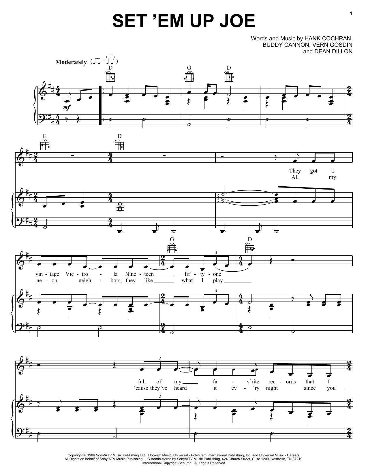 Vern Gosdin Set 'Em Up Joe sheet music notes and chords arranged for Piano, Vocal & Guitar Chords (Right-Hand Melody)