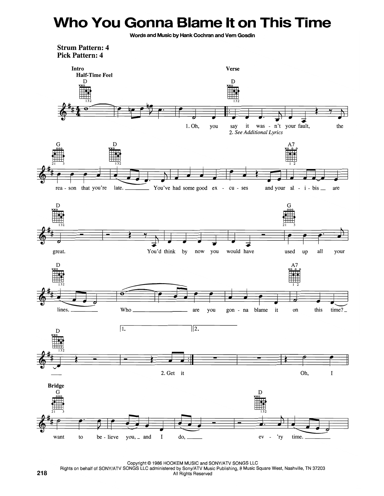Vern Gosdin Who You Gonna Blame It On This Time sheet music notes and chords arranged for Easy Guitar