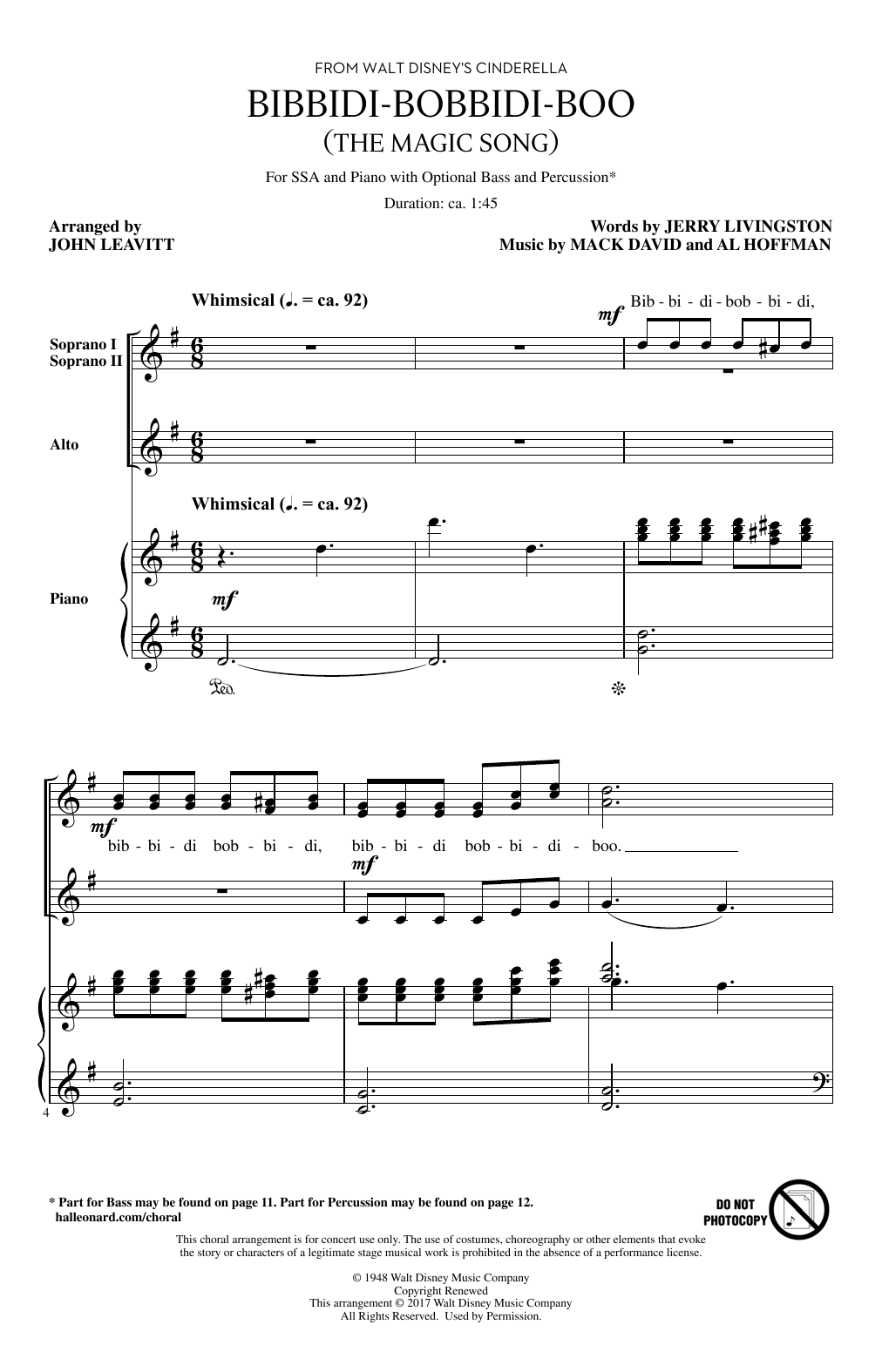 Verna Felton Bibbidi-Bobbidi-Boo (The Magic Song) (from Cinderella) (arr. John Leavitt) sheet music notes and chords arranged for SSA Choir
