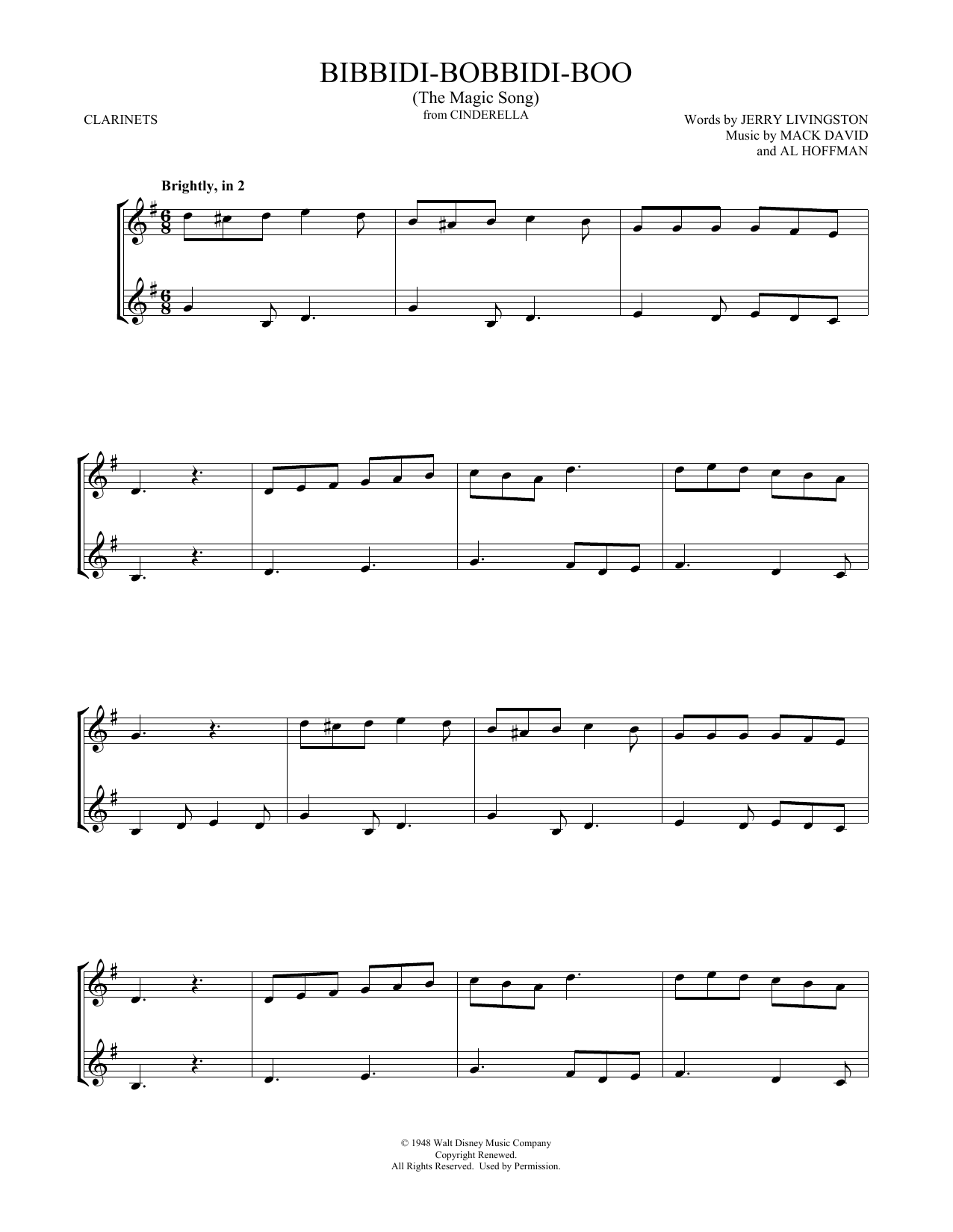 Verna Felton Bibbidi-Bobbidi-Boo (The Magic Song) (from Cinderella) (arr. Mark Phillips) sheet music notes and chords arranged for Clarinet Duet