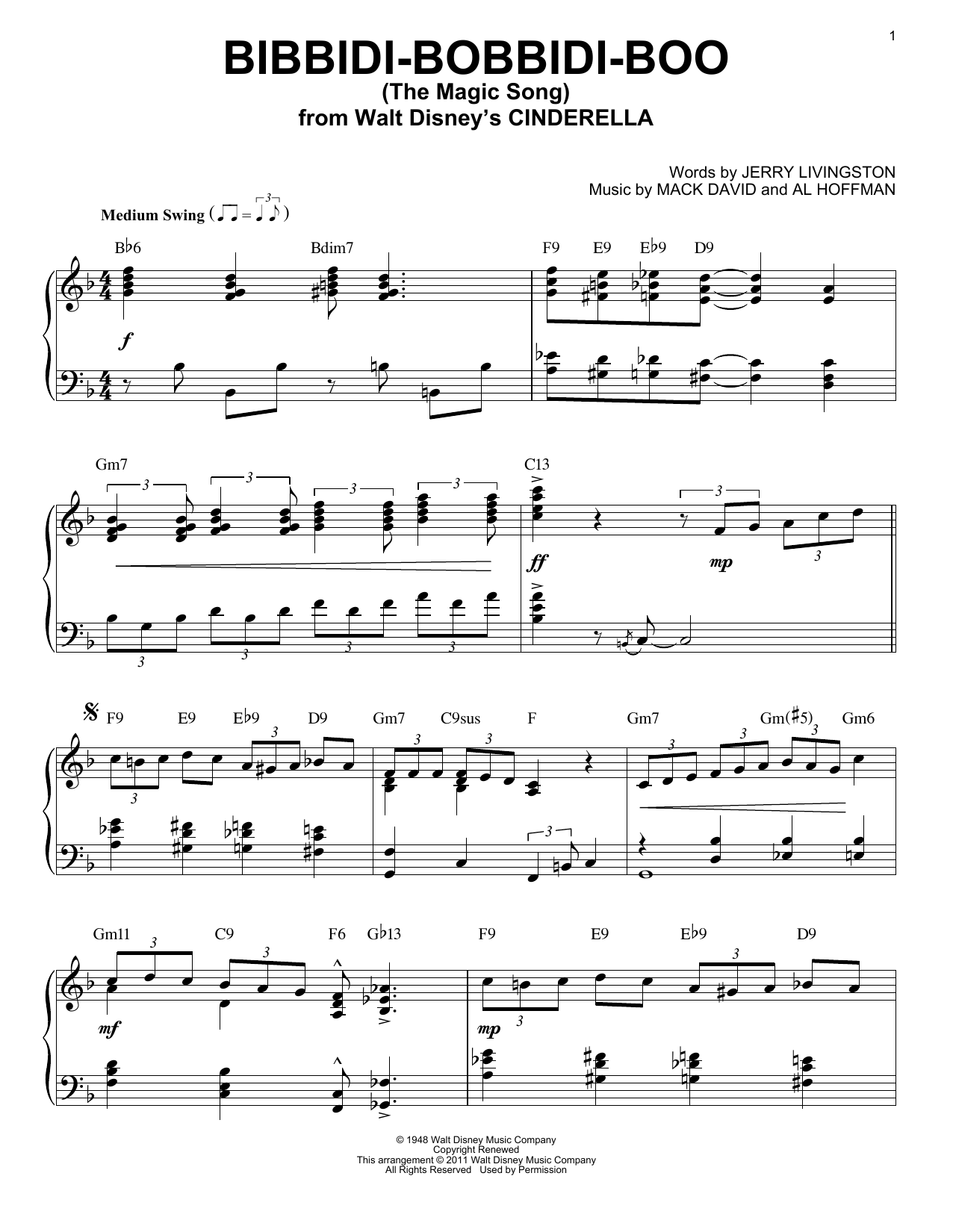 Verna Felton Bibbidi-Bobbidi-Boo (The Magic Song) (from Cinderella) [Jazz version] (arr. Brent Edstrom) sheet music notes and chords arranged for Piano Solo