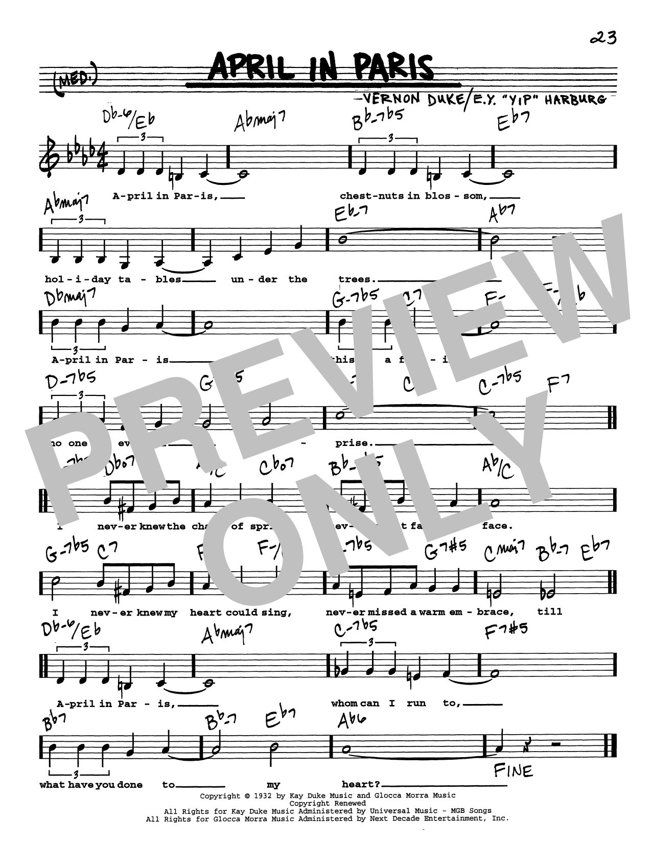 Vernon Duke April In Paris (Low Voice) sheet music notes and chords arranged for Real Book – Melody, Lyrics & Chords