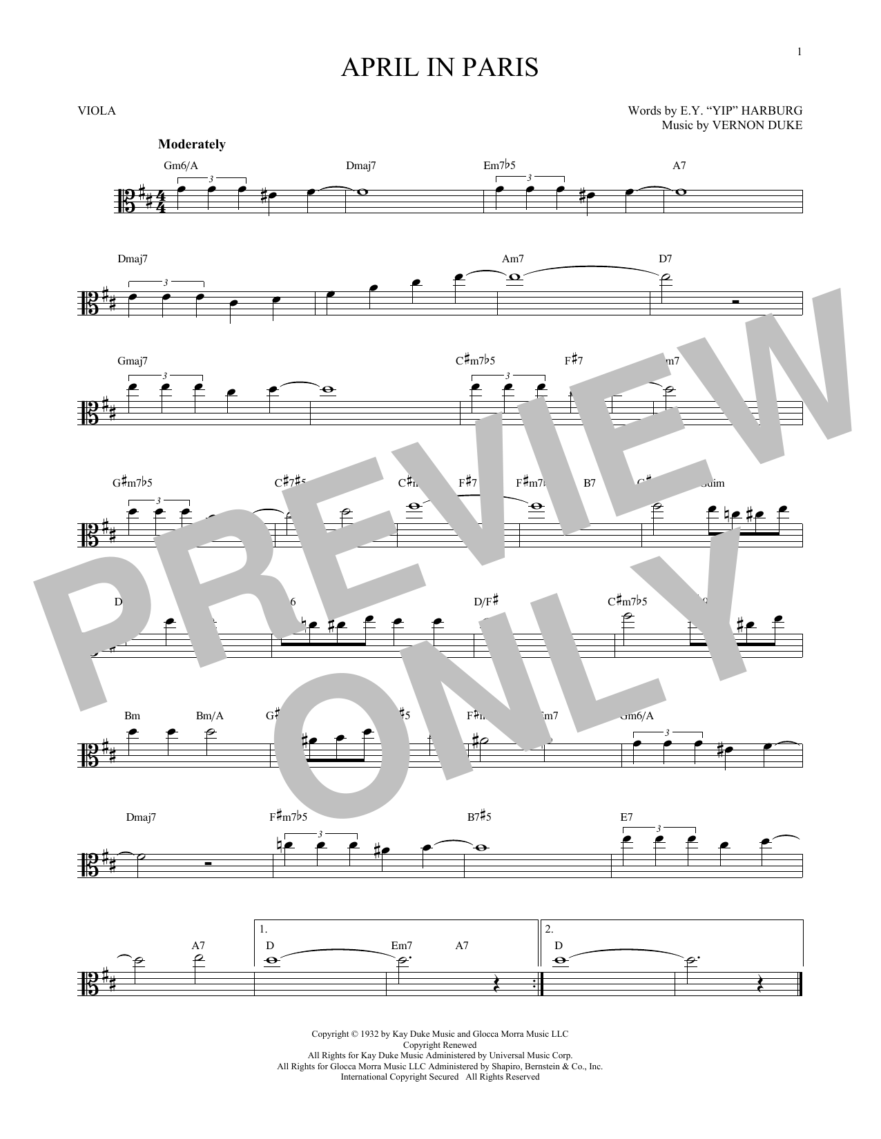 Vernon Duke April In Paris sheet music notes and chords arranged for Cello Solo
