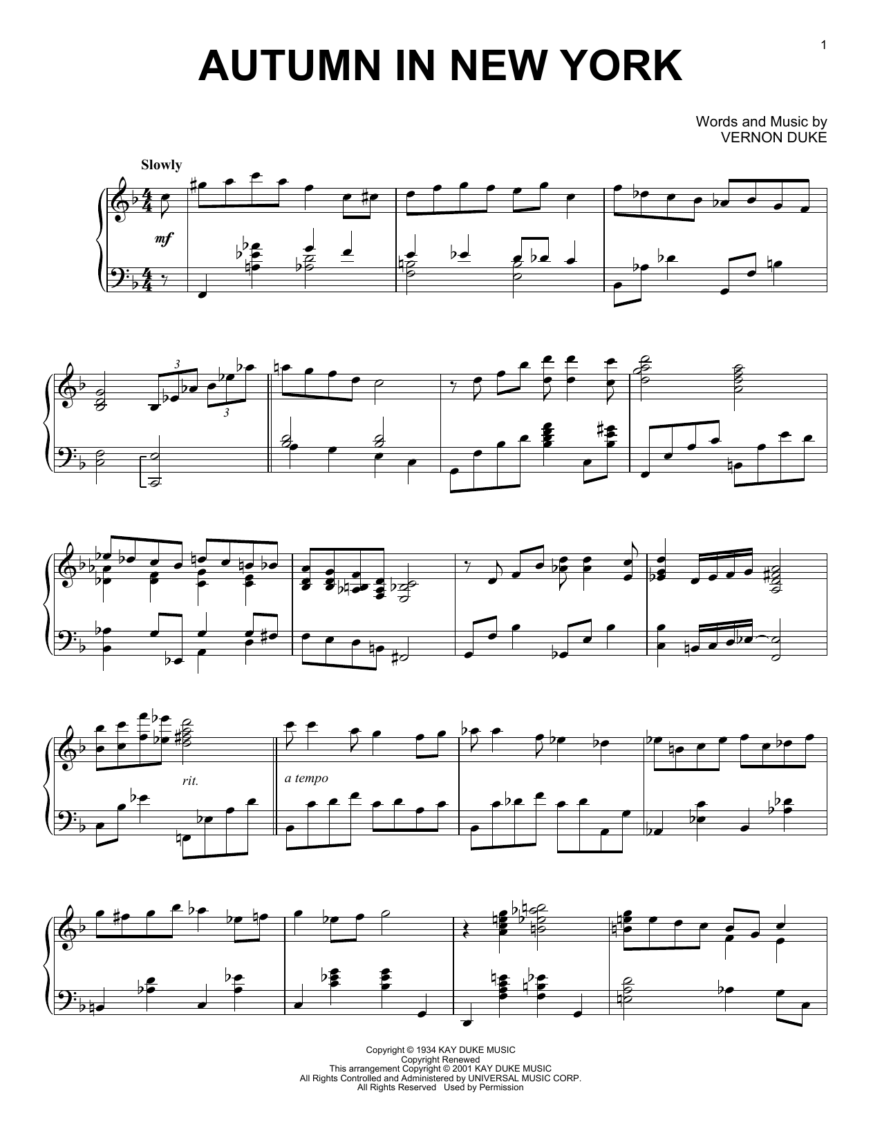 Vernon Duke Autumn In New York (arr. Al Lerner) sheet music notes and chords arranged for Piano Solo