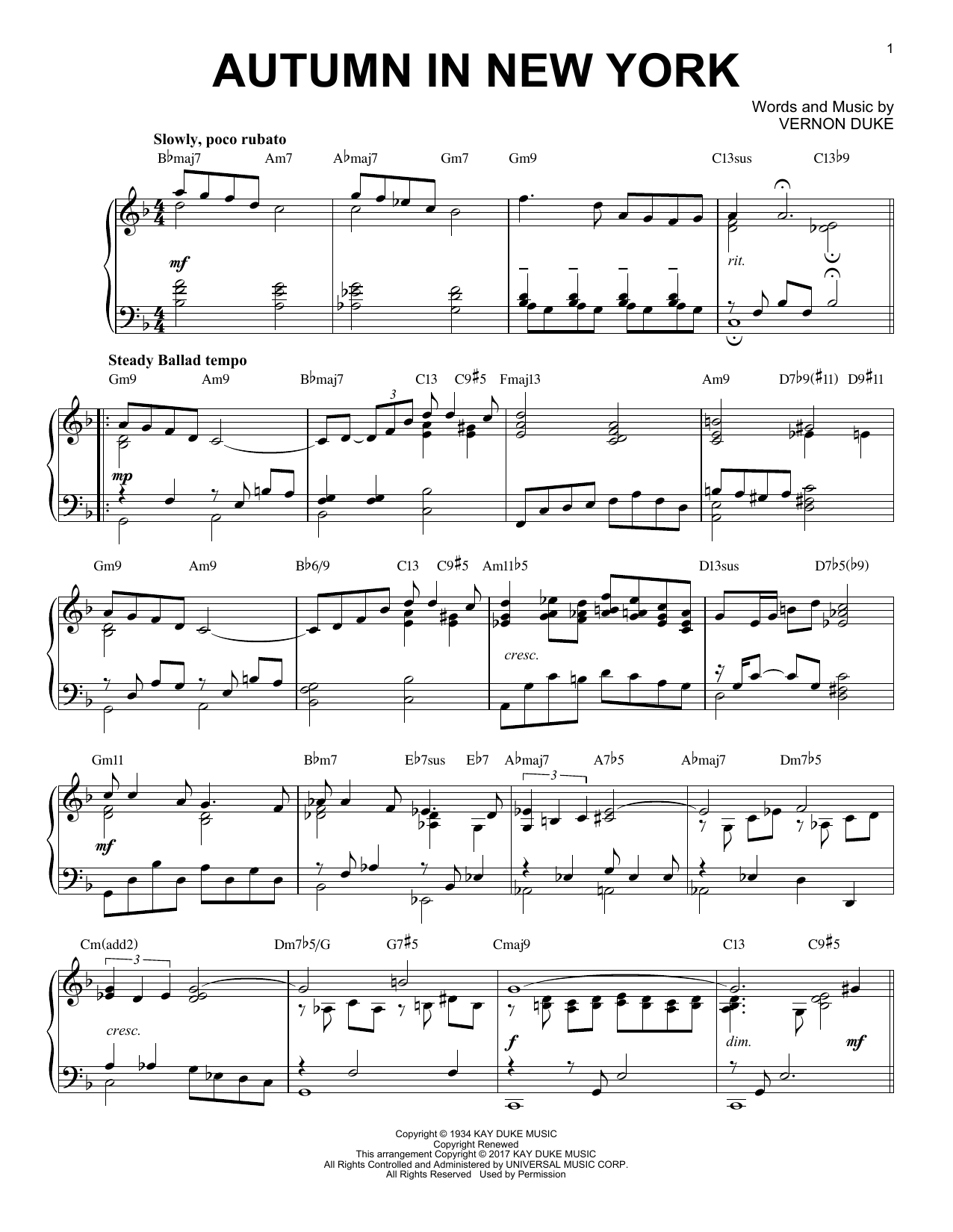 Vernon Duke Autumn In New York [Jazz version] sheet music notes and chords arranged for Piano Solo