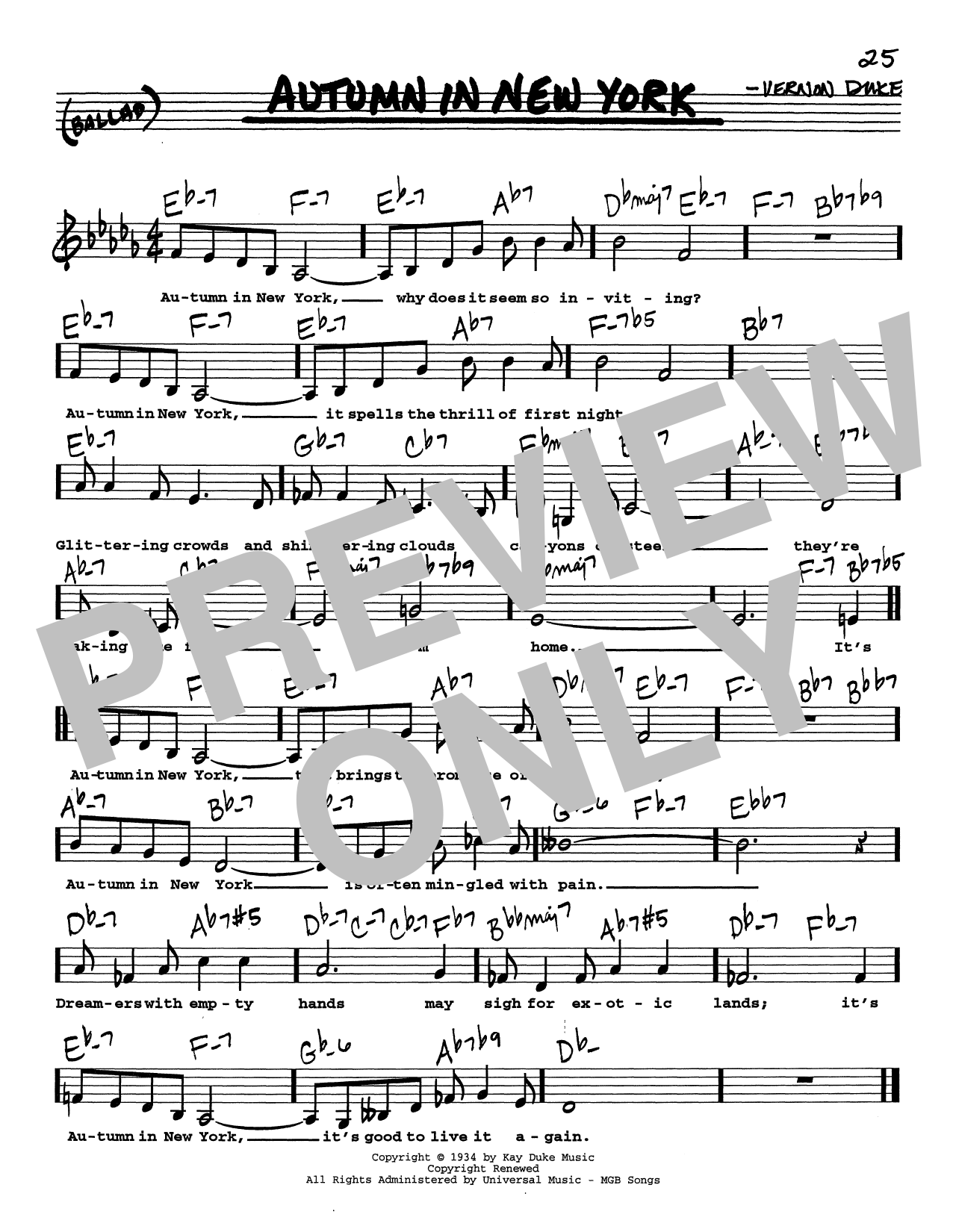 Vernon Duke Autumn In New York (Low Voice) sheet music notes and chords arranged for Real Book – Melody, Lyrics & Chords
