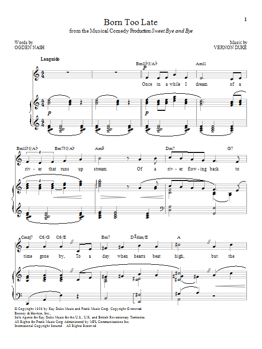 Vernon Duke Born Too Late sheet music notes and chords arranged for Piano & Vocal