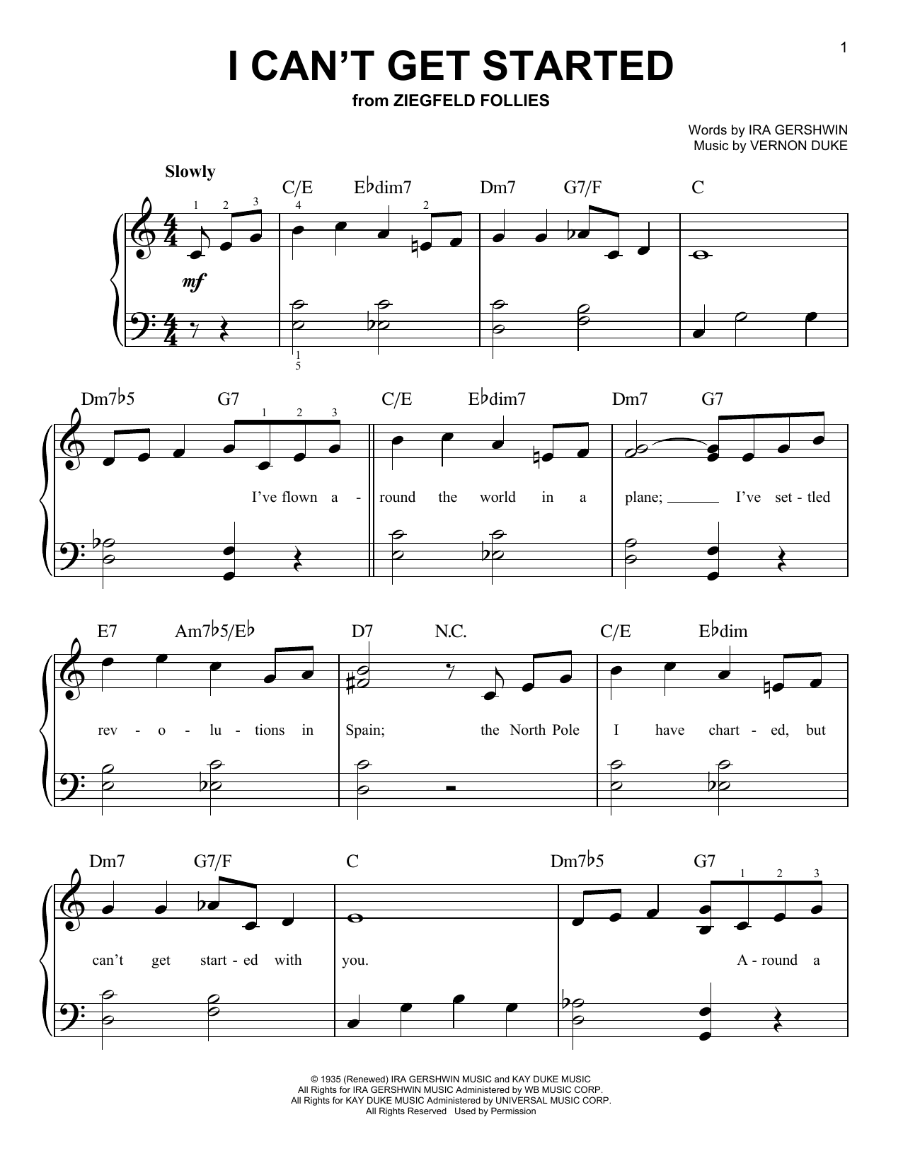 Vernon Duke I Can't Get Started sheet music notes and chords arranged for Very Easy Piano