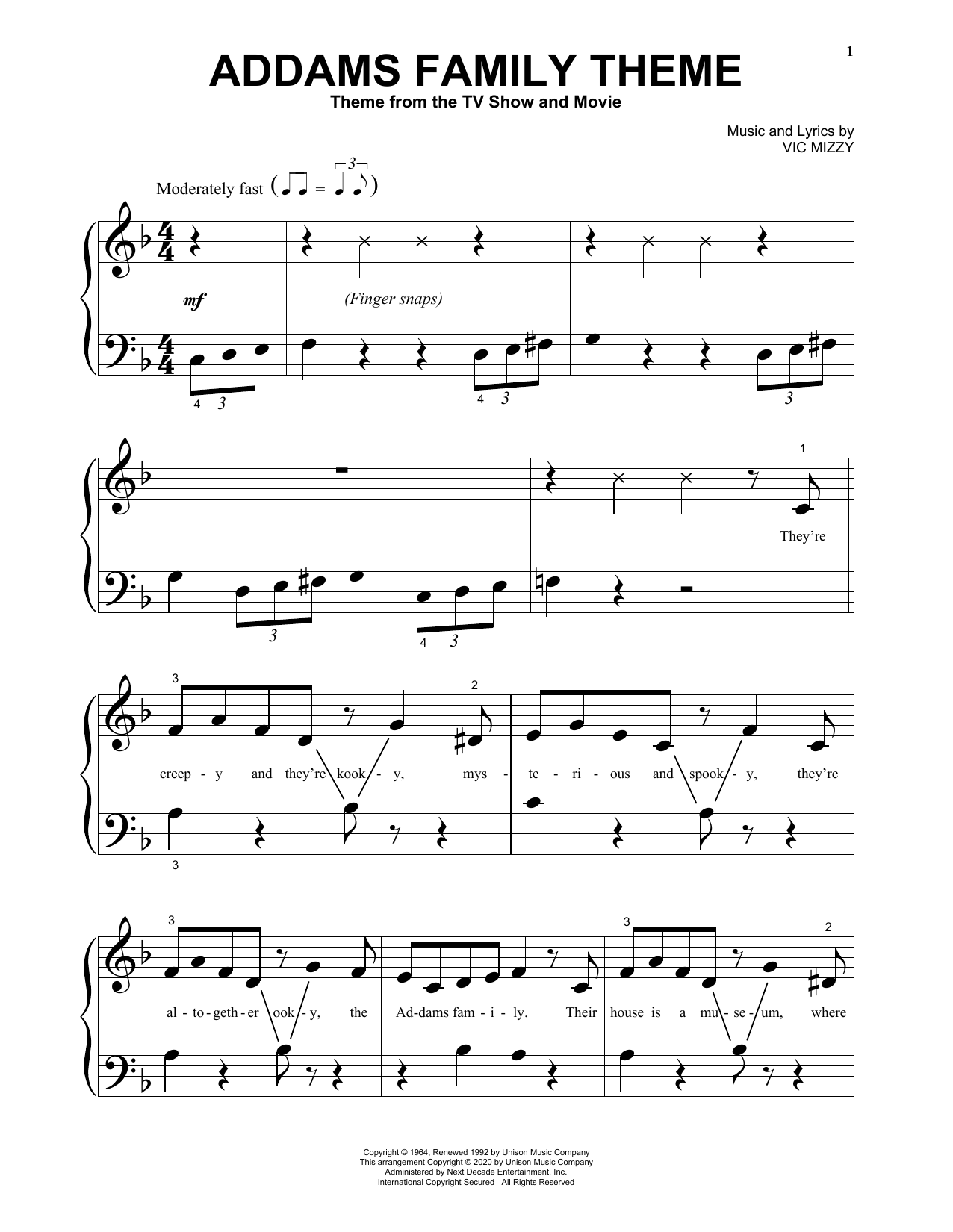 Vic Mizzy Addams Family Theme sheet music notes and chords arranged for Easy Guitar