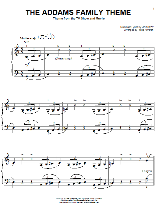 Vic Mizzy The Addams Family Theme (arr. Phillip Keveren) sheet music notes and chords arranged for Easy Piano