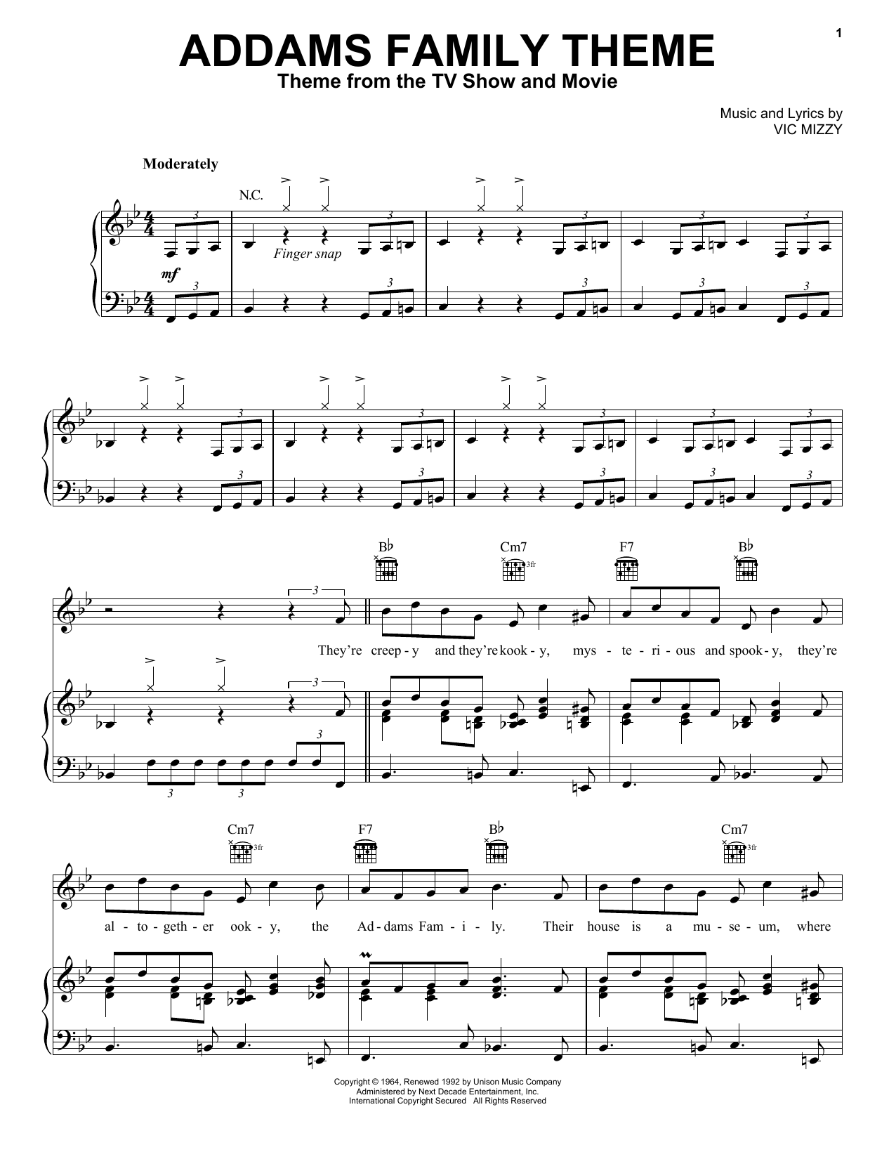 Vic Mizzy The Addams Family Theme sheet music notes and chords arranged for Piano Solo