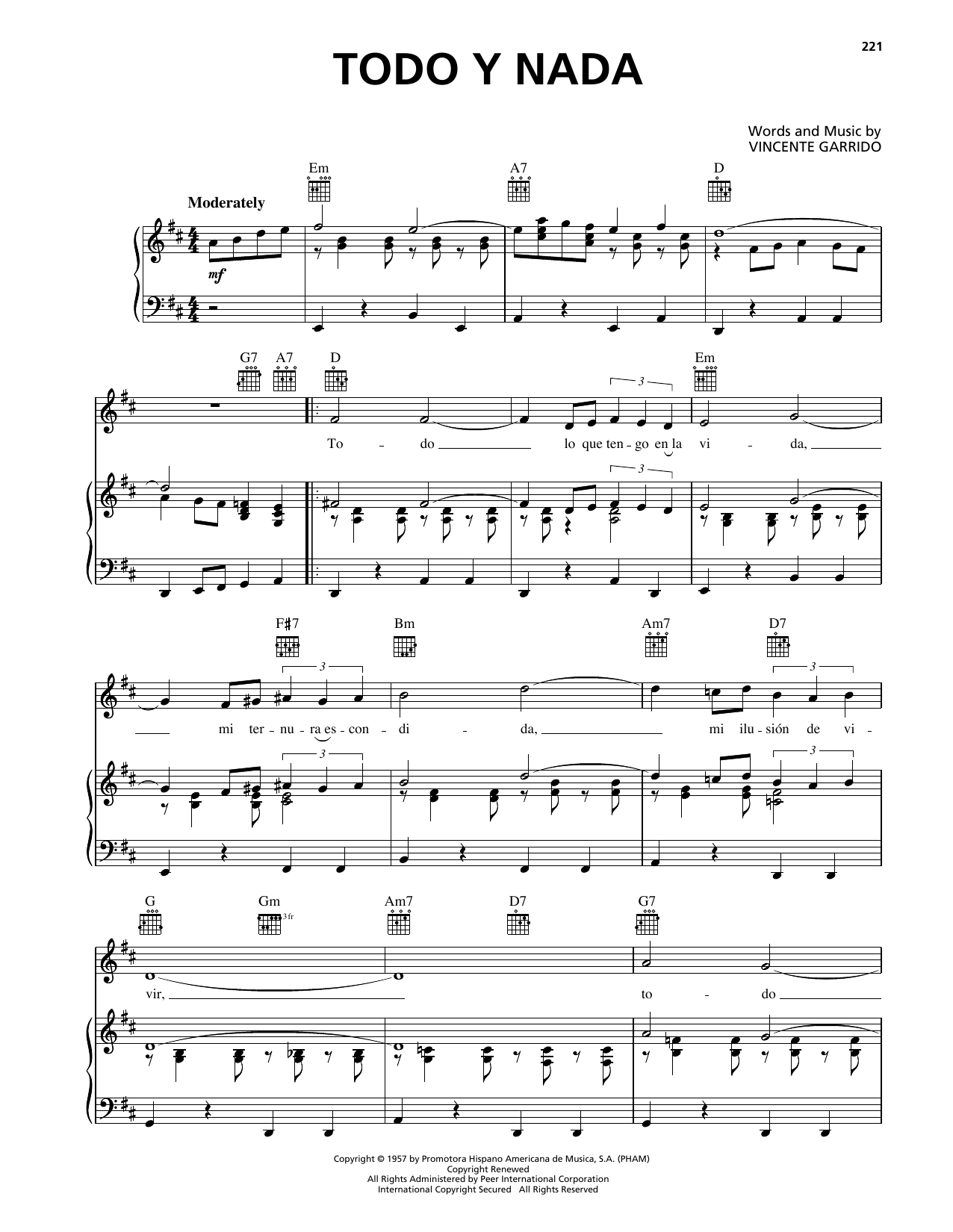 Vicente Garrido Todo Y Nada sheet music notes and chords arranged for Piano, Vocal & Guitar Chords (Right-Hand Melody)