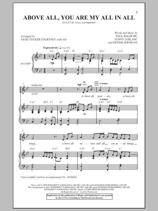 Vicki Tucker Courtney Above All, You Are My All In All sheet music notes and chords arranged for SATB Choir