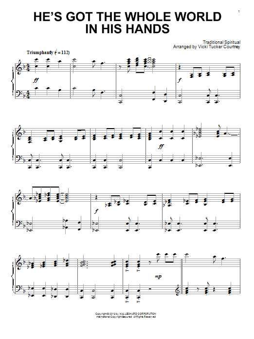 Vicki Tucker Courtney He's Got The Whole World In His Hands sheet music notes and chords arranged for Piano Solo