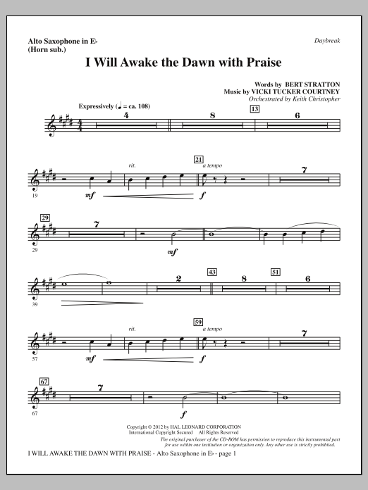 Vicki Tucker Courtney I Will Awake The Dawn With Praise - Alto Sax (sub. Horn) sheet music notes and chords arranged for Choir Instrumental Pak