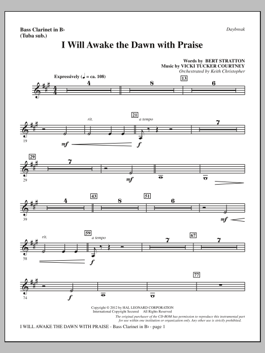 Vicki Tucker Courtney I Will Awake The Dawn With Praise - Bass Clarinet (sub. Tuba) sheet music notes and chords arranged for Choir Instrumental Pak