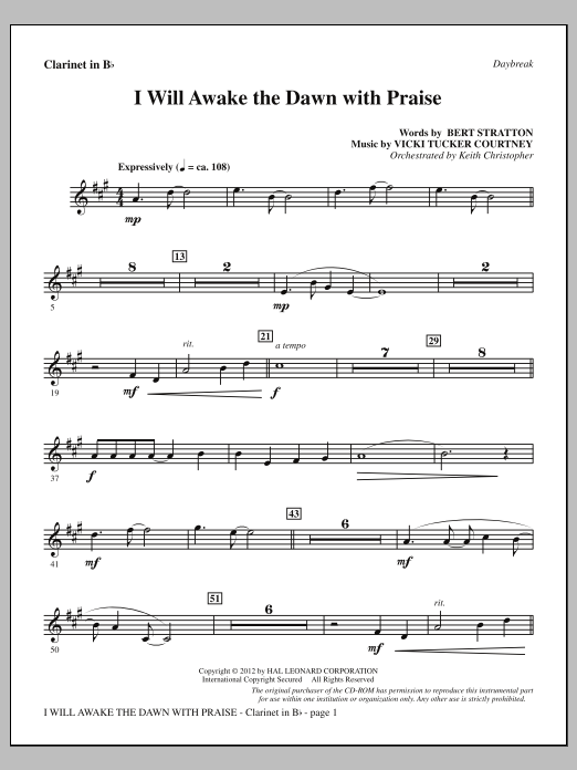 Vicki Tucker Courtney I Will Awake The Dawn With Praise - Bb Clarinet sheet music notes and chords arranged for Choir Instrumental Pak