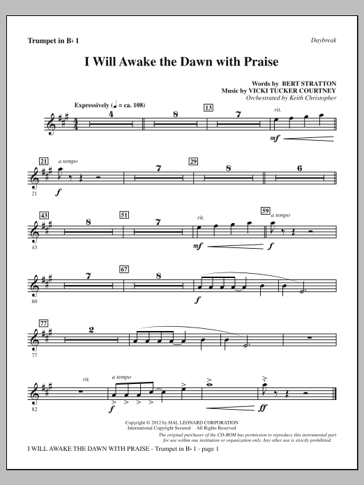 Vicki Tucker Courtney I Will Awake The Dawn With Praise - Bb Trumpet 1 sheet music notes and chords arranged for Choir Instrumental Pak