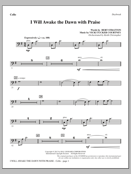 Vicki Tucker Courtney I Will Awake The Dawn With Praise - Cello sheet music notes and chords arranged for Choir Instrumental Pak